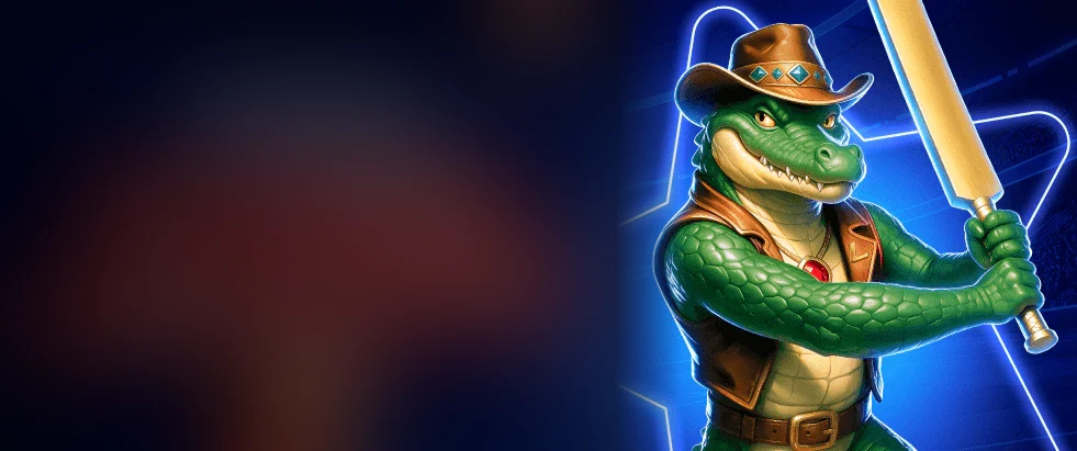 Leon Casino welcome artwork: crocodile in a cowboy hat swinging a cricket bat